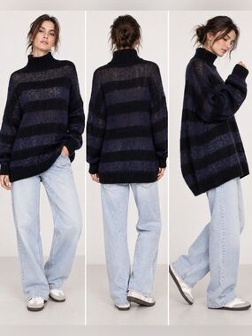 Zara Black and Navy Striped Turtleneck Sweater- Apalca Wool , Runs Very Big